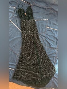 Primavera Couture Dark Green and Gold Beaded Maxi Dress